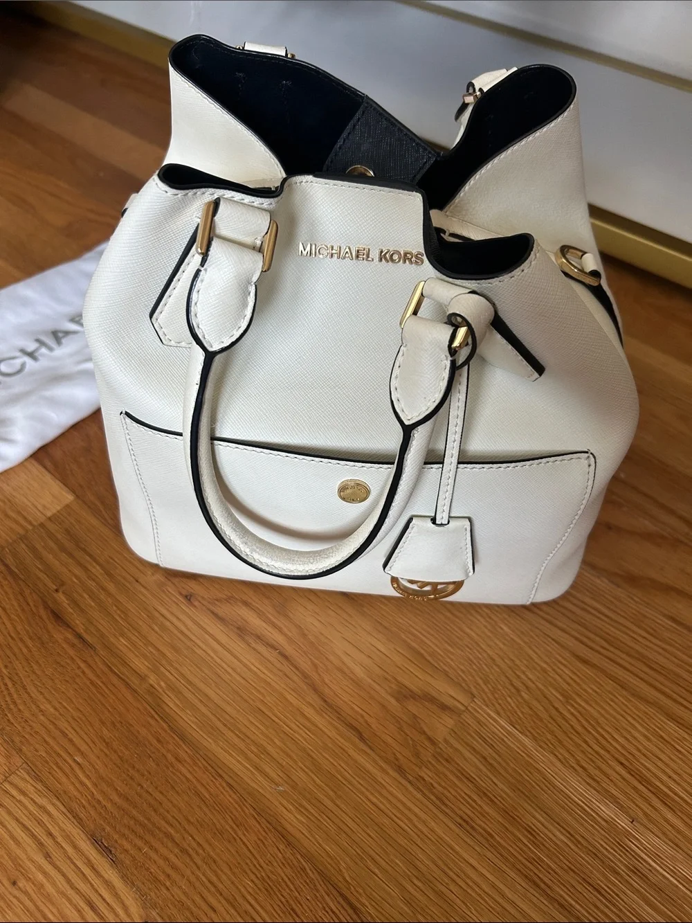 Michael Kors Cream Saffiano Leather Tote with Black Trim and Gold Hardware